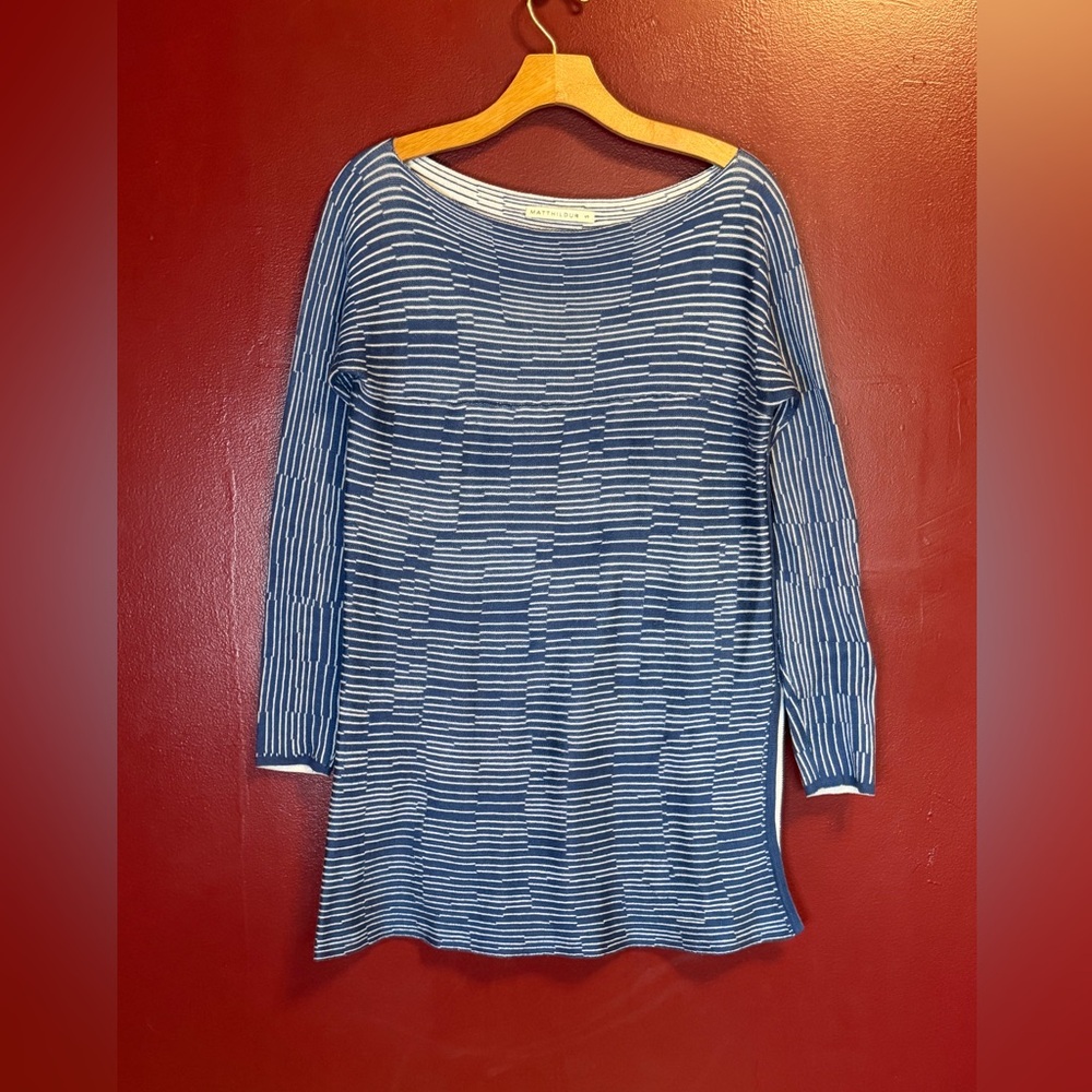 Matthildur‎ Blue White Pima Cotton Knit Tunic Sweater Size S Handmade Peru